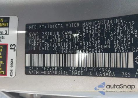 2012 Toyota Corolla Le из США, поврежденный, VIN 2T1BU4EE1CC850447